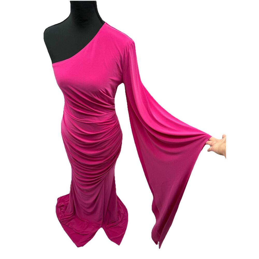 Club L London Hot Pink One Shoulder Ruched Maxi Dress Flared Sleeve Gown Size 6